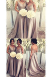 2024 V Neck Bridesmaid Dresses A Line Satin Sweep Train P6DLHSKN