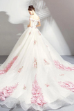 Unique Off The Shoulder Tulle Wedding Dress With Pink Flowers Ball Gown Wedding STIPQ4NB2CL