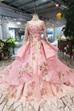 2024 New Prom Dresses Long Sleeves Ball Gown High Neck With Applique&Beads Lace PJFCBB91