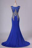 2024 Dark Royal Blue Prom Dresses Scoop Mermaid Spandex With Applique Sweep/Brush PRHJR6LM