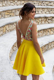 Yellow Floral Satin Illusion Back Daffodil V Neck Homecoming Dresses Short Cocktail Dresses STI14985