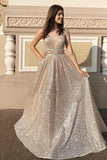 Modest Sparkly A Line Champagne V Neck Long Prom Dresses, Evening Dresses STI15269