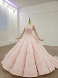 Elegant Ball Gown Pink Long Sleeves Appliques Prom Dresses, Quinceanera STI20482