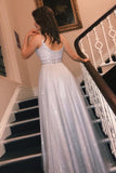 Glitter Silver Long Spaghetti Straps Prom Dresses with V Neck, Dance STI20418