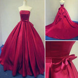 Long Burgundy Prom Dresses Ball Gowns Evening Party Gown Strapless Stain Lace-up Dress