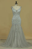 2024 Straps Prom Dresses Mermaid With Beading PREZAE5A