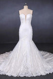 Charming Strapless Sweetheart Mermaid Lace Appliques White Wedding Dresses STI15128