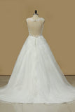 2024 Wedding Dresses A Line V Neck Open Back Organza With Applique P45Y3G6Z