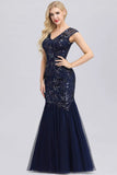 Elegant V-Neck Beaded Bodycon Mermaid Prom Dresses Straps Evening Gowns STI15215