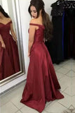 Satin Off the Shoulder A-line Sweep Train Sashes Sweetheart Burgundy Prom Dresses STI13450