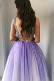 Pretty Omber Tulle Long V-Neck Purple Prom Dresses Flowy PBXG2HEX