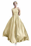 Elegant A-Line Applique Round Neck Lace Satin Ball Gown Evening PF19Q8AM