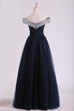 2024 Off The Shoulder With Beading And Ruffles Prom Dresses A Line P71Y3M2L