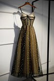 Charming Spaghetti Straps Sweetheart Black Tulle Prom Dresses with Stars, Party Dresses STI15127