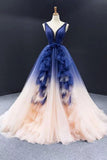 Ball Gown Ombre V Neck Tulle Royal Blue Long Prom Dresses, Quinceanera Dresses STI15067