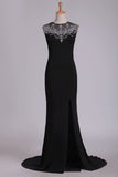 2024 Spandex Scoop With Beads And Slit Open Back Sheath Prom Dresses PH43GJMH