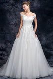 Off the Shoulder Tulle Wedding Dress with Lace Applique, A Line Long Bridal Dresses STI15273