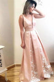 Beautiful V-Neck Pink Long A-Line Prom Dresses With P3TPZSCE