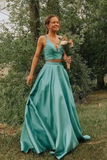 Simple A Line Two Pieces V Neck Satin Prom Dresses Cheap Formal STIPQ87T2TL