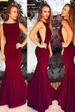 Red Backless Bateau Neck Mermaid Stretch Satin Prom Dresses