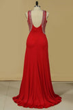 2024 V Neck Open Back Sheath Spandex Prom Dresses With Beads P92S8LSN