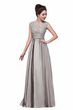 Elegant A-Line Applique Round Neck Lace Satin Ball Gown Evening PF19Q8AM