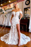 Gorgeous Mermaid V Neck Cap Sleeves Lace Slit Wedding Dresses with 3D Appliques