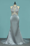 2024 Open Back Prom Dresses Mermaid Scoop Satin PF68YZCM