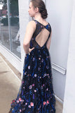 Gorgeous A Line Bateau Blue Floral Tulle Long Prom Dresses, Cheap Formal Dresses STI15234