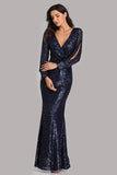 Long Split Sleeve Mermaid V Neck Dark Navy Blue Sequins Prom Dresses, Formal Dress STI15256