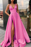 Simple A Line Yellow Spaghetti Straps Satin Prom Dresses with Slit, Party Dresss STI15386