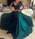 Elegant Beaded Peacock Green V Neck Long Satin Open Back Prom Dresses