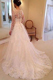 A-Line Lace Appliques V Neck Tulle Long Sleeve Ivory Covered Buttons Wedding Dresses