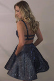 Shiny Spaghetti Straps Dark Grey Sparkly Homecoming Dresses with Pocket Short Dress