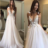 Sexy Spaghetti Straps V Neck A Line Tulle Ivory Backless Prom Dresses Wedding Dresses