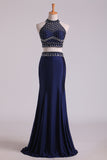 2024 Halter Two-Piece Beaded Bodice Sheath Open Back Prom Dresses Spandex & Tulle Floor P84JHZ8H