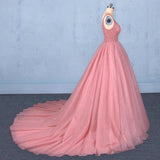 Ball Gown V Neck Tulle Prom Dress with Beads, Puffy Pink Sleeveless Quinceanera Dresses STI15074