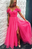 A Line Off the Shoulder Hot Pink Tulle Prom Dresses with Split, Long Formal Dresses STI15493