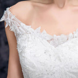 Off the Shoulder Tulle Wedding Dress with Lace Applique, A Line Long Bridal Dresses STI15273