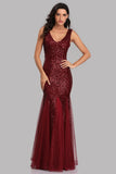 Sexy Burgundy Tulle V Neck Mermaid Sequin Prom Dresses, Evening Party Dresses STI15332