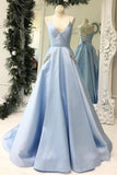 Simple V Neck Sky Blue Satin Long Prom Dresses with Pockets Beading, Formal Dresses STI15404