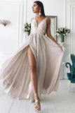 Flowy Front Split Long Ivory Lace V-Neck Prom Dresses PPLZ12G5