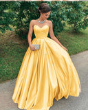 A Line Yellow Satin Prom Dresses, Strapless Sweetheart Sleeveless Party Dresses STI15046