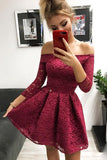 Cute Off the Shoulder Long Sleeves Burgundy Lace Homecoming Dresses Sweet 16 Dresses STI14972