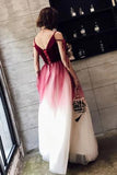 A Line Spaghetti Straps Ombre Long Tulle Prom Dresses, Burgundy V Neck Evening Dress STI15029