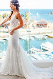 Romantic Deep V Neck Sleeveless Lace Wedding Dress Mermaid Wedding Dresses With STIP2NSHCG1