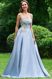 Strapless Long Prom Dress With Appliques A Line Cheap Formal Dress PPE78KAC