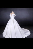 Puffy Off The Shoulder Satin Wedding Dress Ball Gown Long Bridal Dress With PTYFTEHC