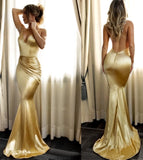 Elegant Mermaid Short Train Spaghetti Straps Long Sexy Gold V Neck Prom Dresses