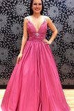 Sugar Pink V-Neck Spaghetti Straps Open Back Sleeveless Prom Dress Satin Prom Dresses